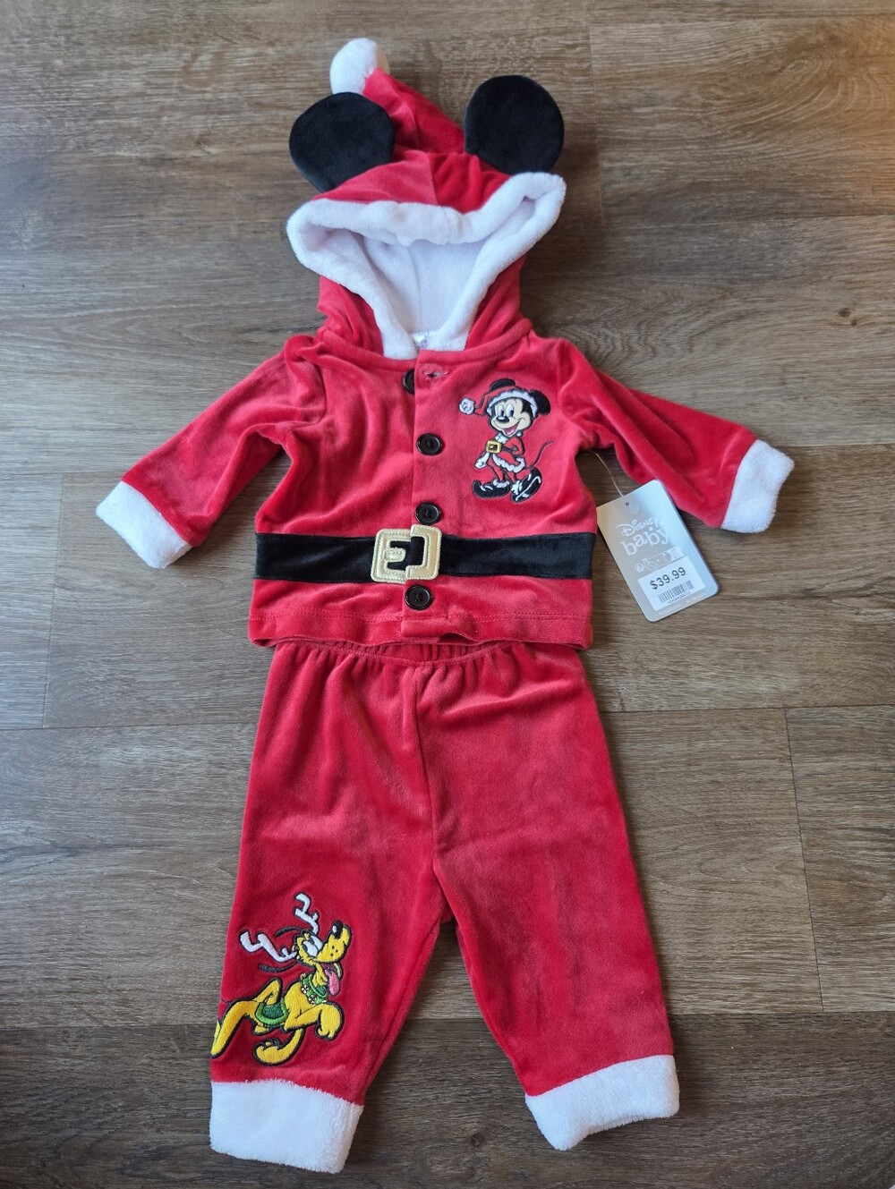 NWT Red Velvet Santa Mickey Mouse Set for Baby, Pants and Shirt with Hood 0-3m